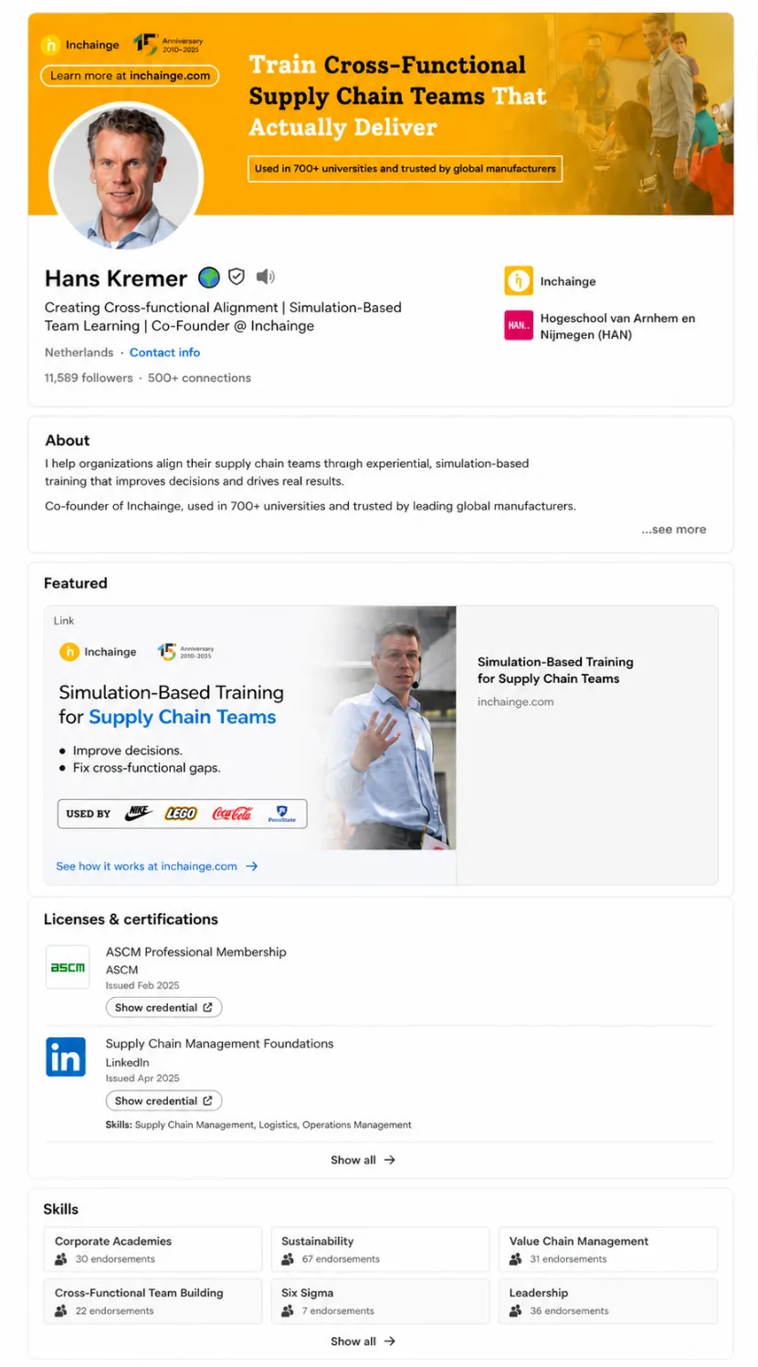 Hans Kremer’s LinkedIn profile after the rebuild